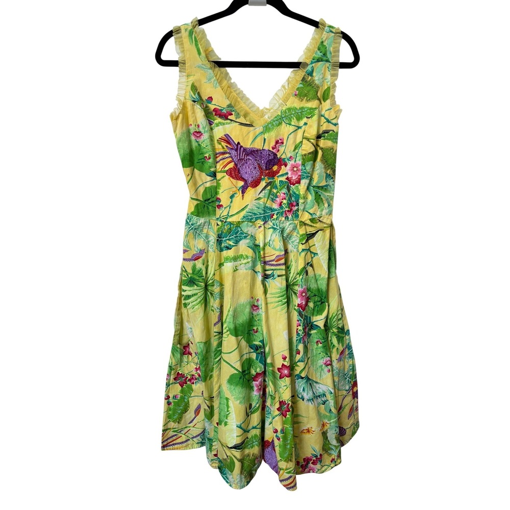 Vintage Rene Derhy Collection Yellow Tropical Bird Beaded Cotton Dress Womens M